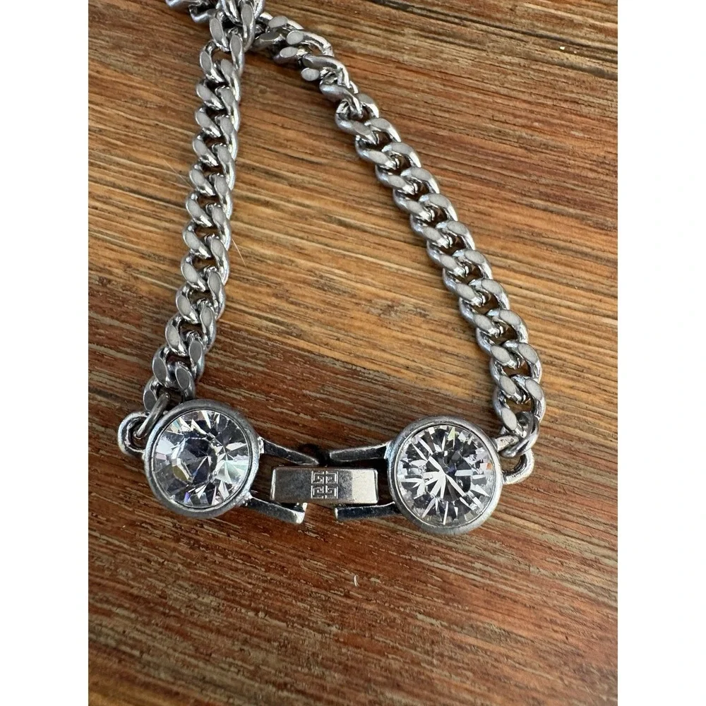 VTG Givenchy Silver Tone Station Chain Necklace‎ Diamond Rhinestone Signed 38